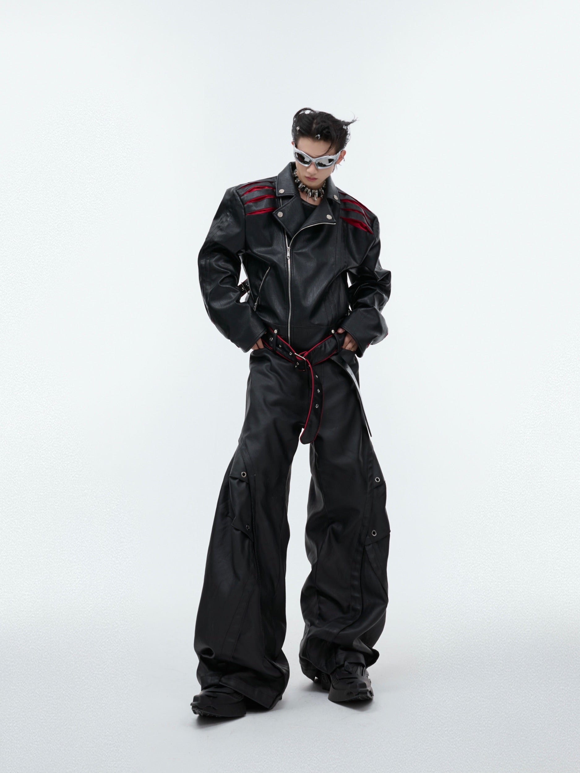 【24s Sep.】Pleated Spine Graphic Cropped Leather Biker Jacket-IYAMIUIO