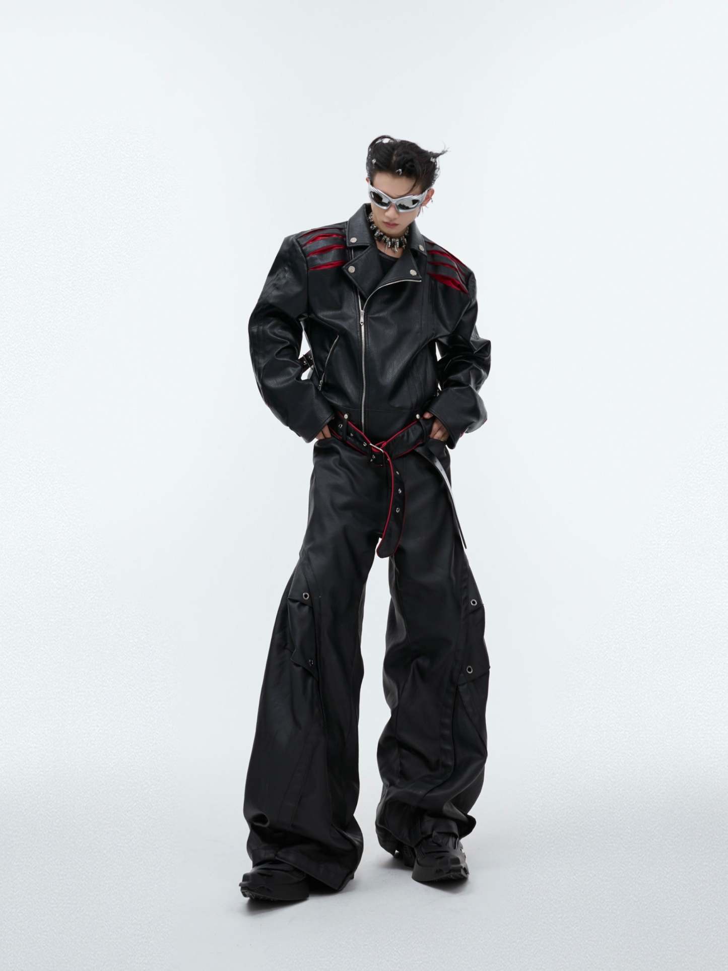 【24s Sep.】Pleated Spine Graphic Cropped Leather Biker Jacket-IYAMIUIO