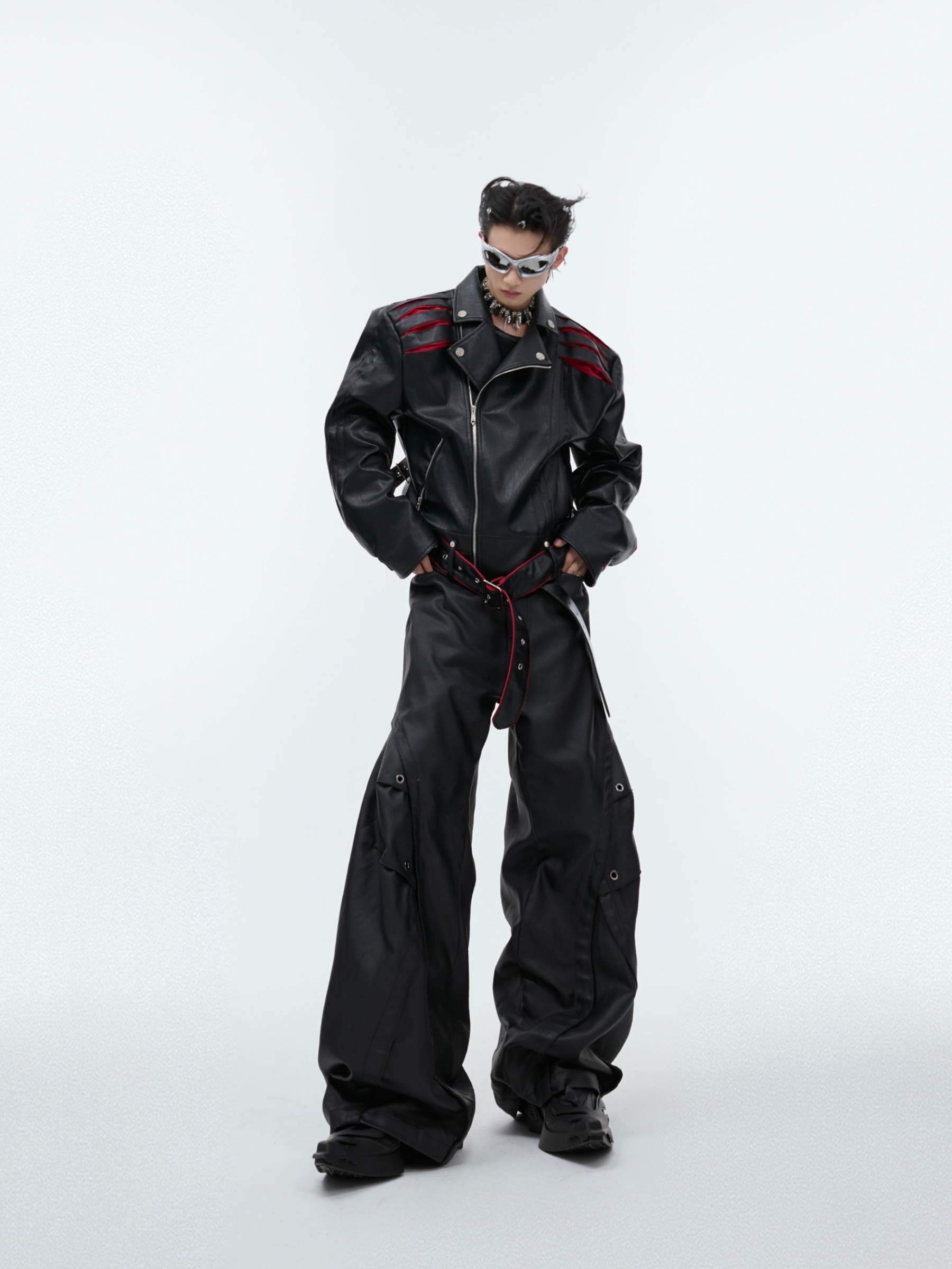 【24s Sep.】Pleated Spine Graphic Cropped Leather Biker Jacket-IYAMIUIO