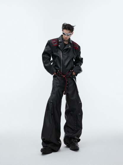 【24s Sep.】Pleated Spine Graphic Cropped Leather Biker Jacket-IYAMIUIO