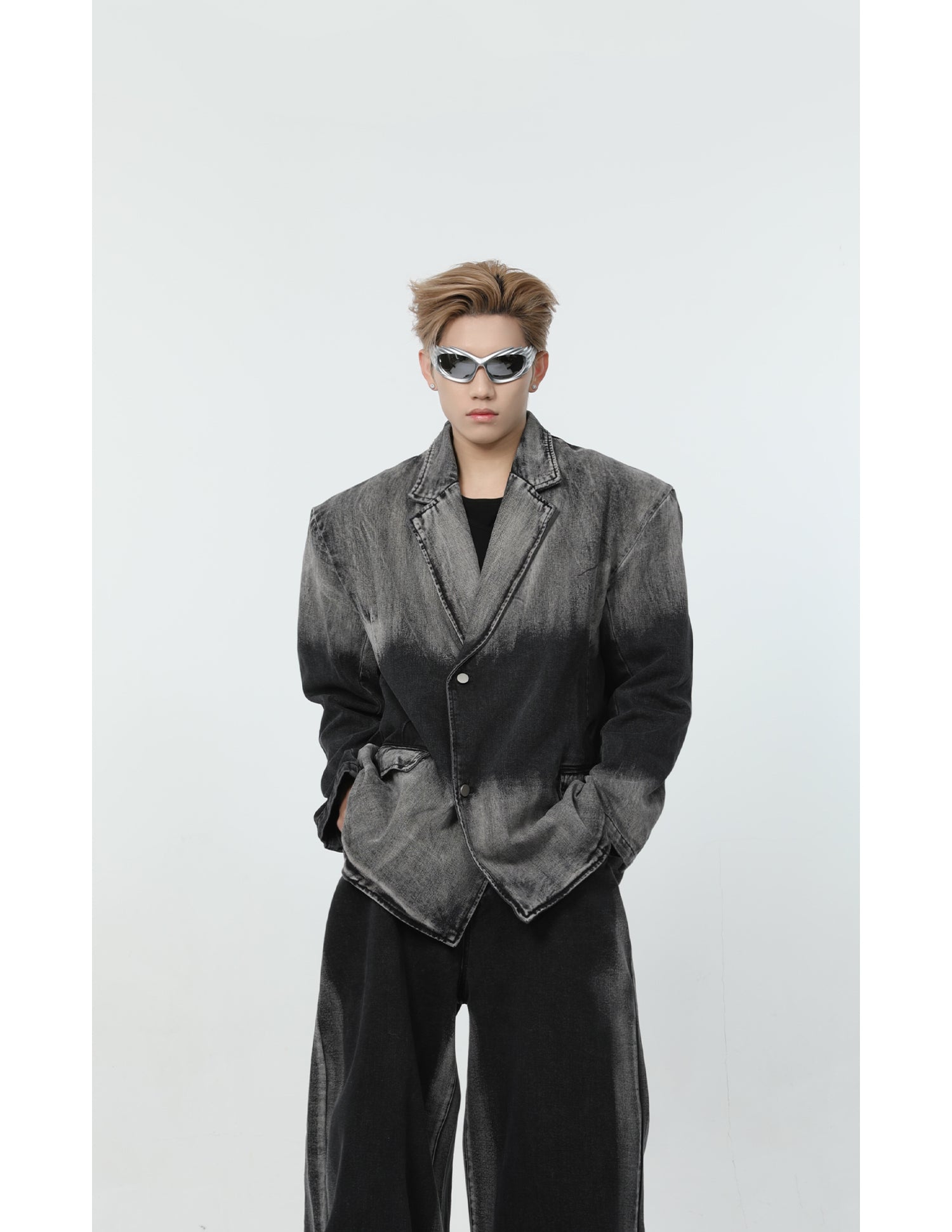 【24s March.】Black and Gray Gradient Distressed Denim Suit-IYAMIUIO