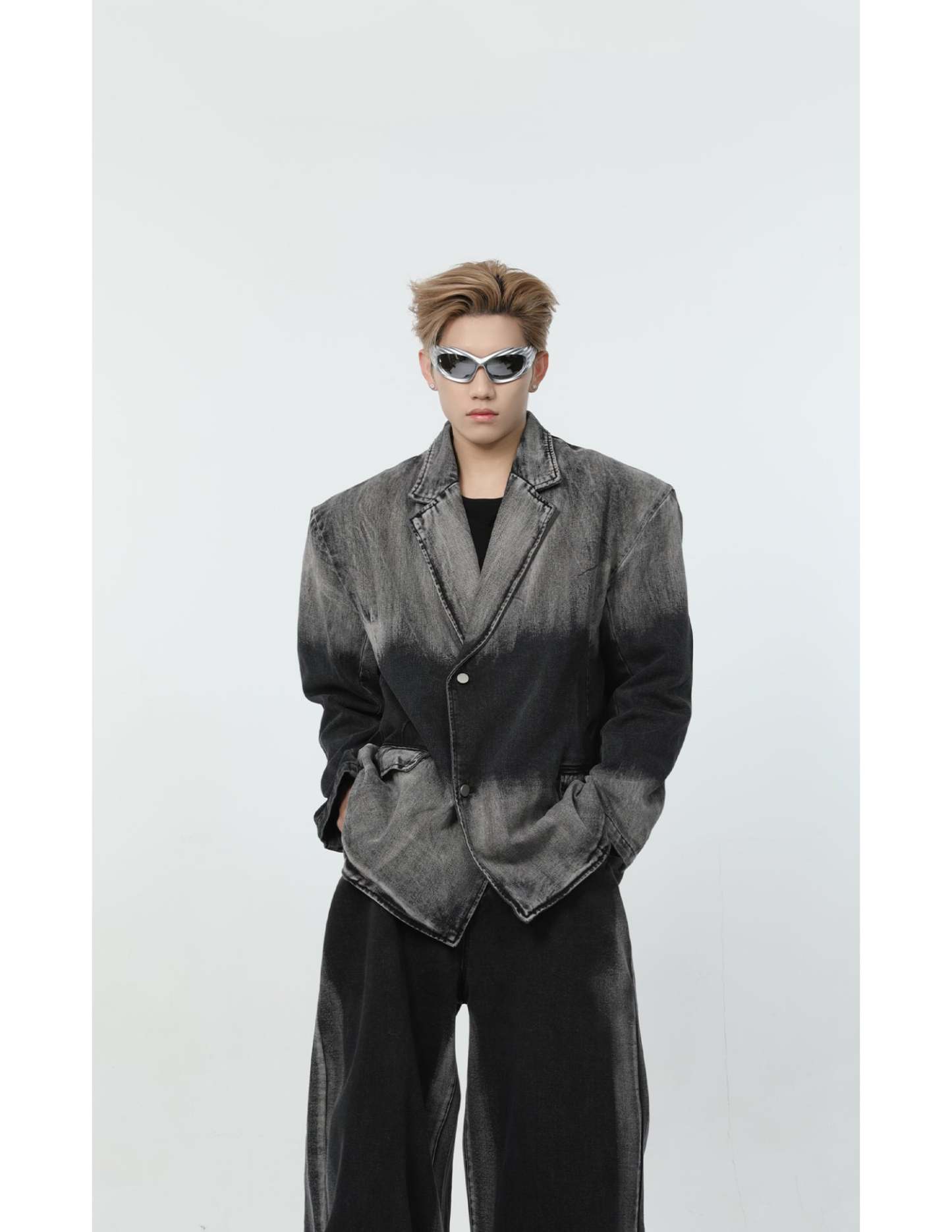 【24s March.】Black and Gray Gradient Distressed Denim Suit-IYAMIUIO