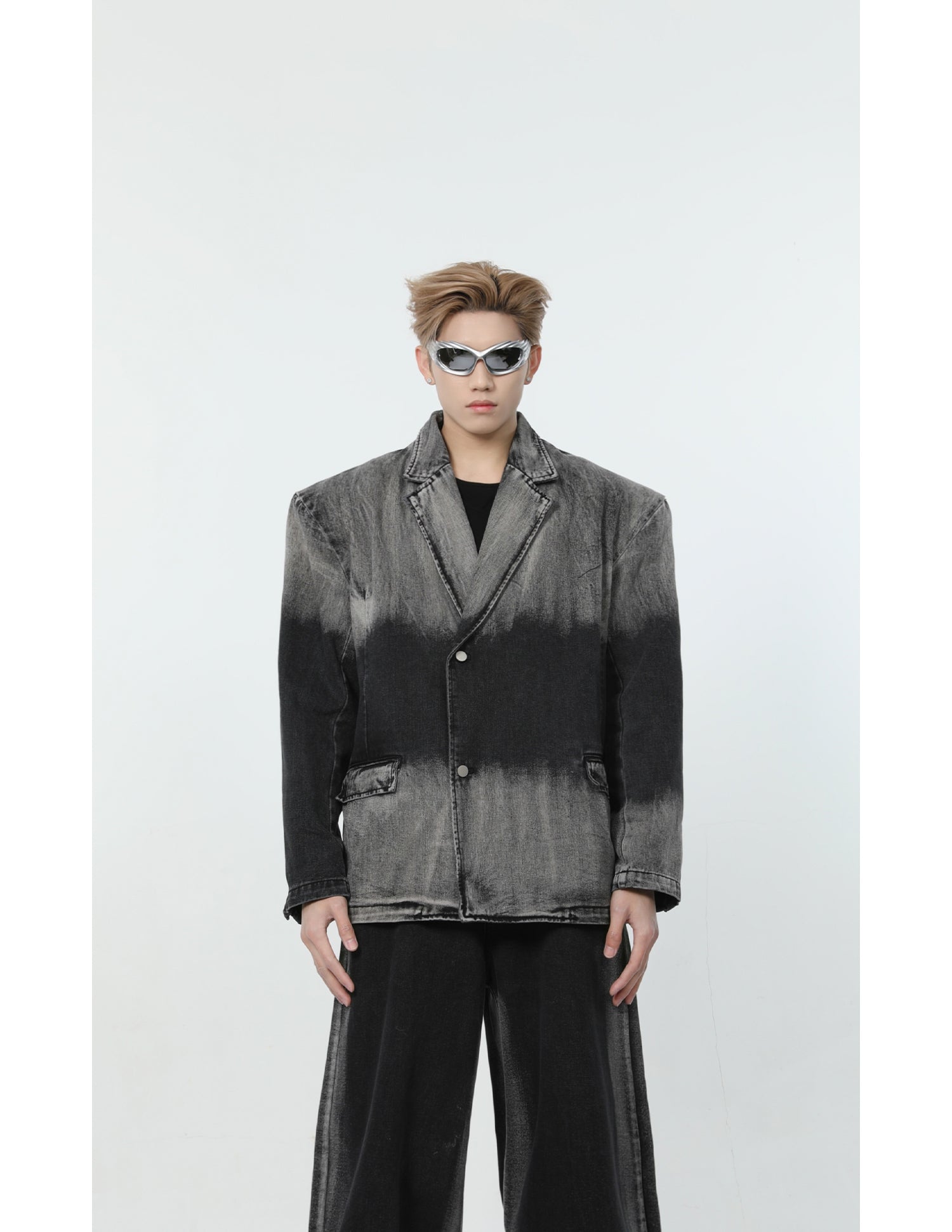 【24s March.】Black and Gray Gradient Distressed Denim Suit-IYAMIUIO