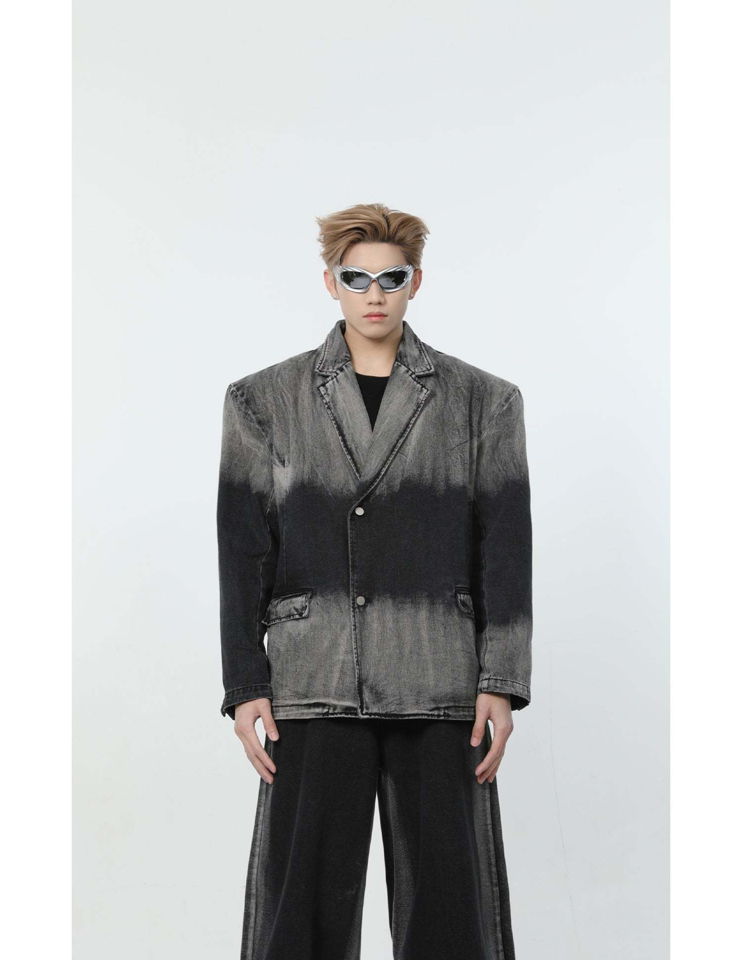 【24s March.】Black and Gray Gradient Distressed Denim Suit-IYAMIUIO