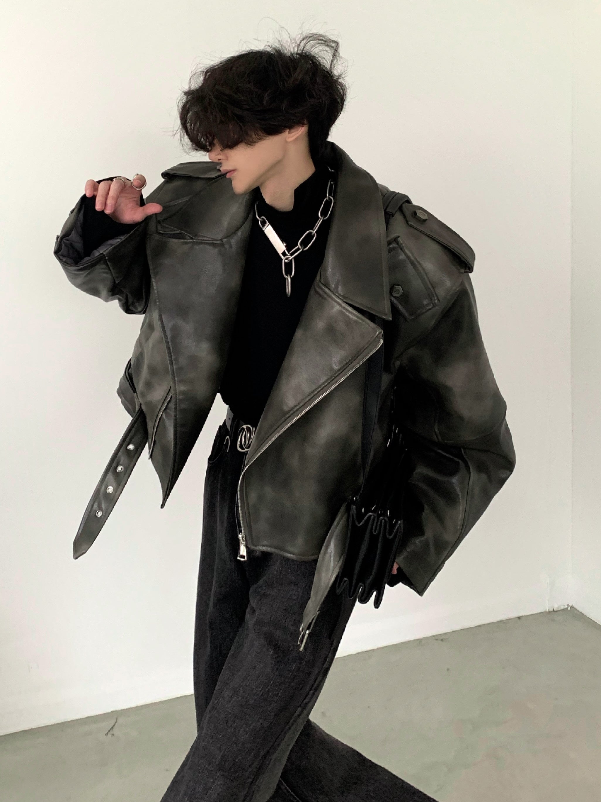 【23s November.】Motorcycle Silhouette Short Leather Jacket-IYAMIUIO