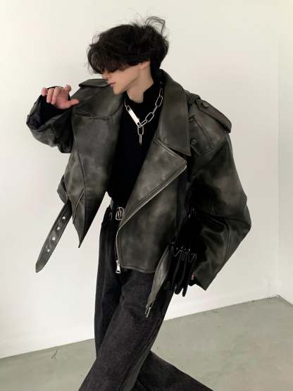 【23s November.】Motorcycle Silhouette Short Leather Jacket-IYAMIUIO
