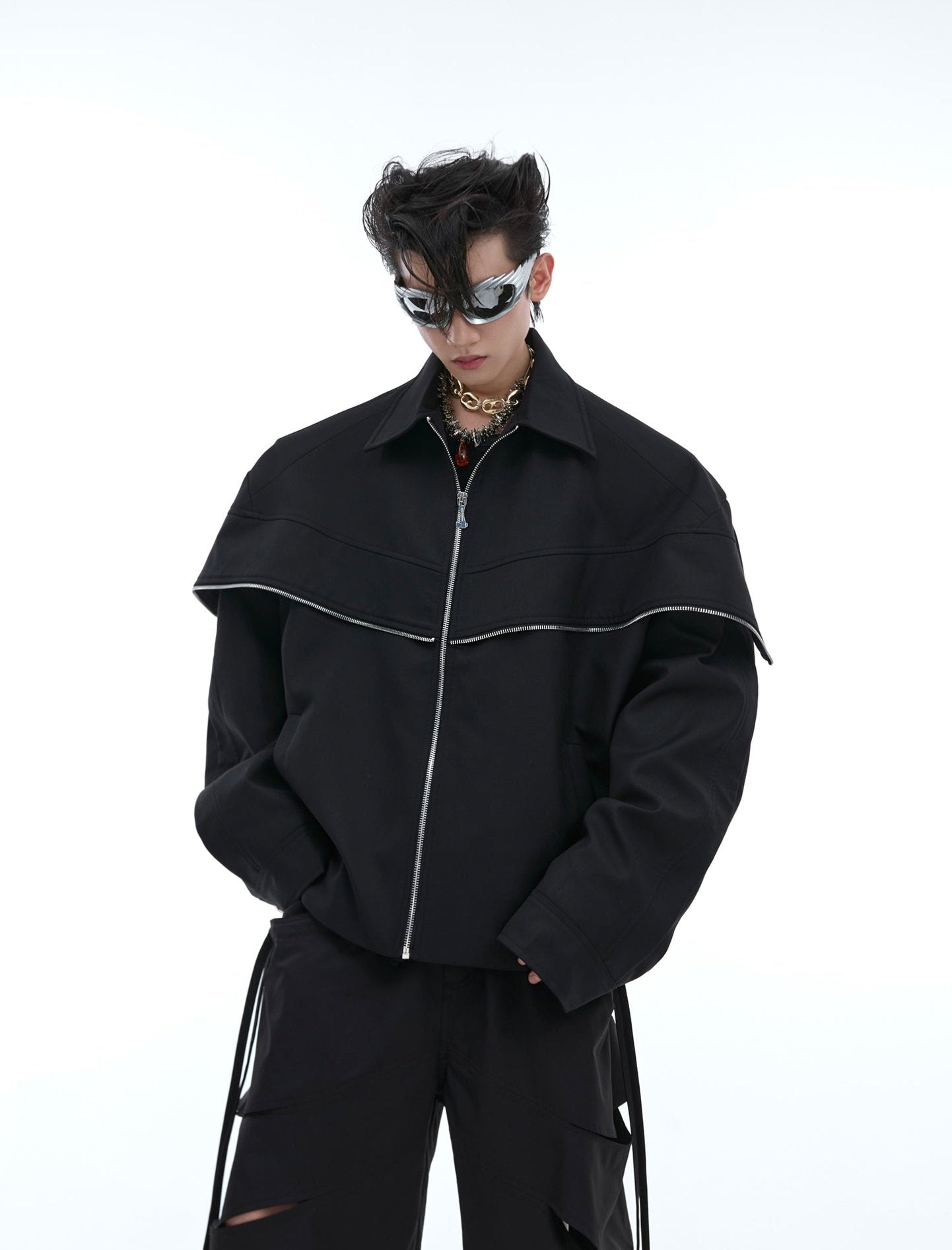 【24s Aug.】Deconstructed Metallic Cape Patchwork Jacket-IYAMIUIO