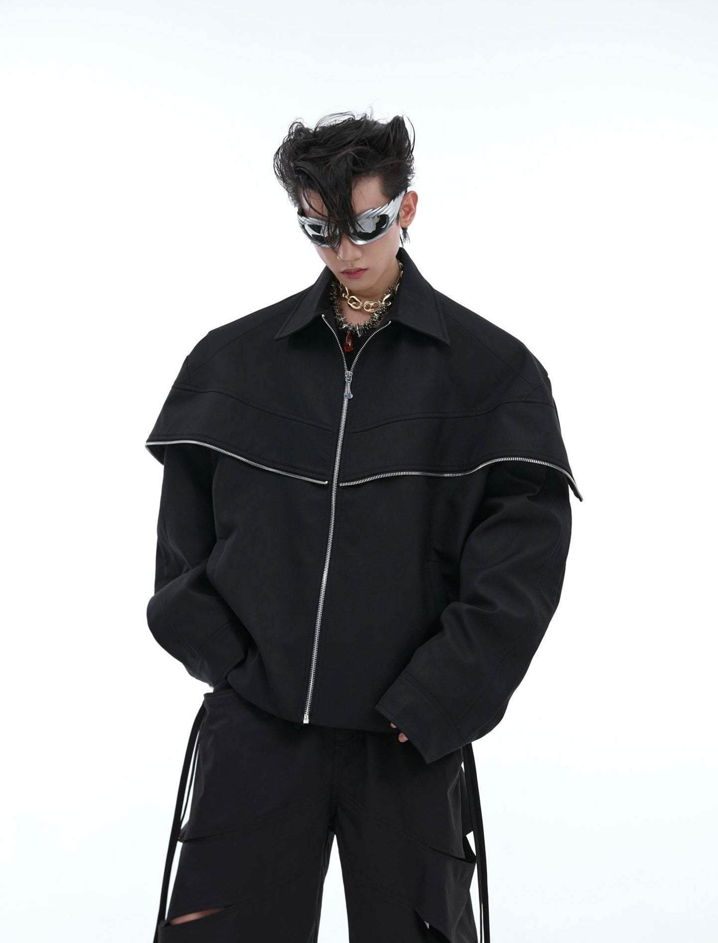 【24s Aug.】Deconstructed Metallic Cape Patchwork Jacket-IYAMIUIO