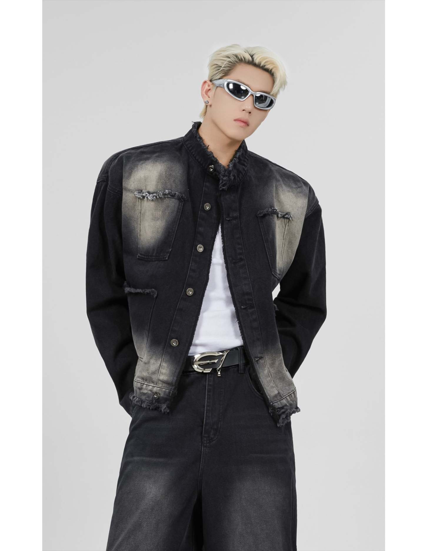 【23s November.】Distressed Brushed Stand Collar Denim Jacket-IYAMIUIO