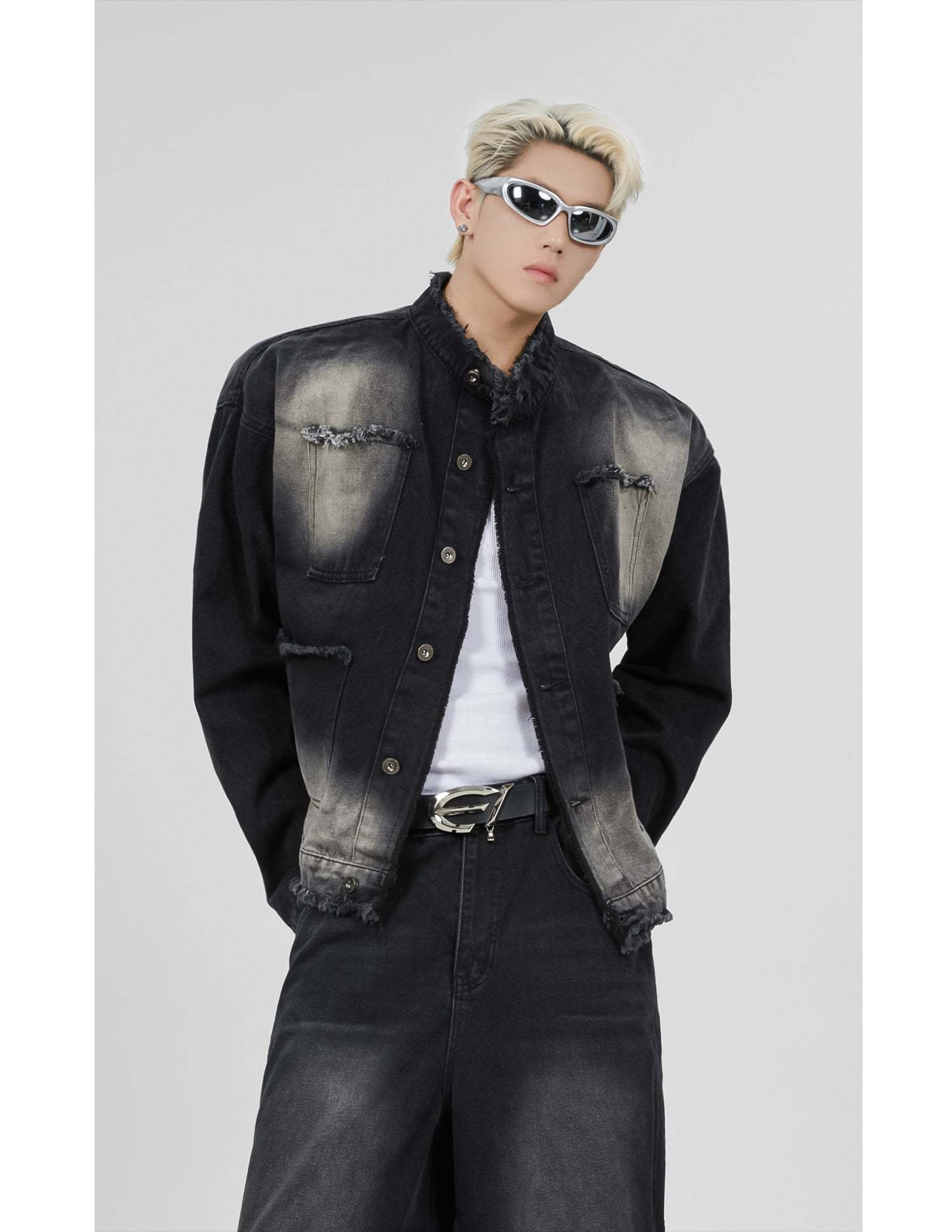 【23s November.】Distressed Brushed Stand Collar Denim Jacket-IYAMIUIO