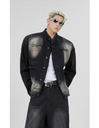 【23s November.】Distressed Brushed Stand Collar Denim Jacket-IYAMIUIO