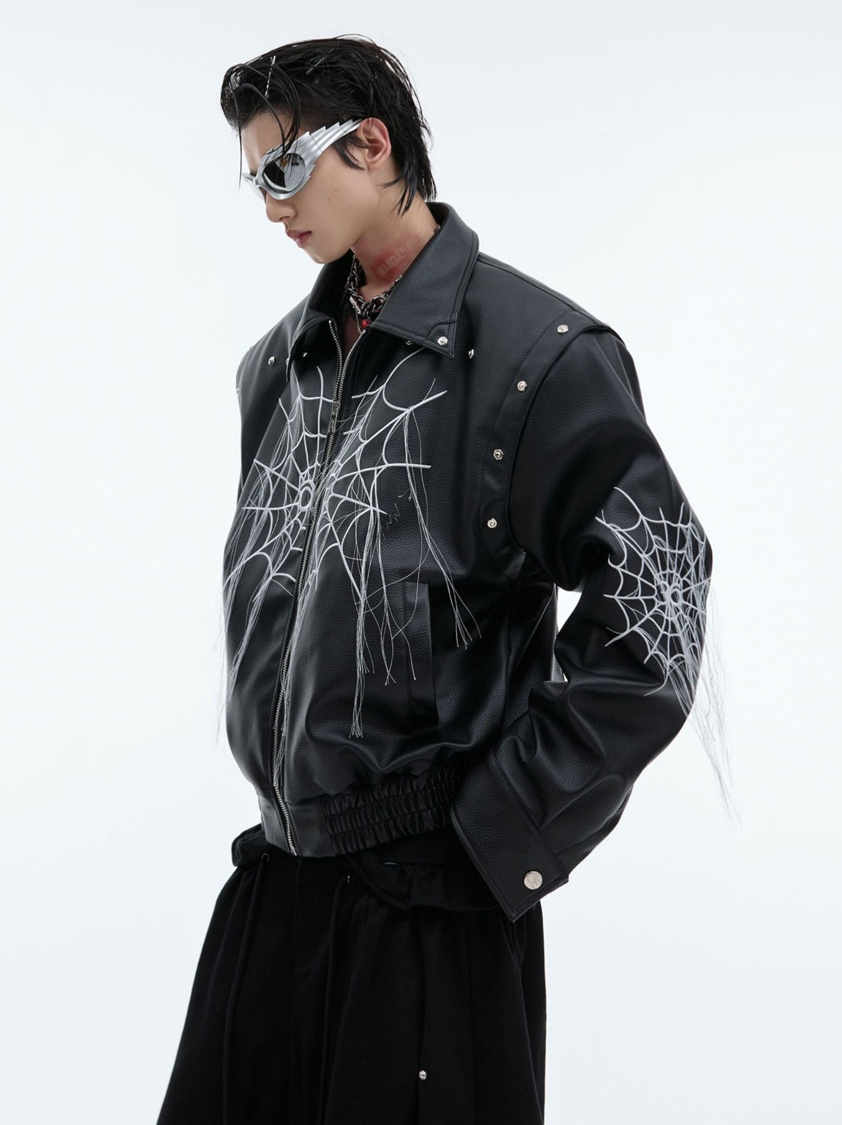 【24s Sep.】Spiderweb Metal Studded Tassel Leather Jacket-IYAMIUIO