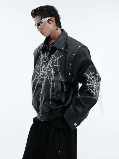 【24s Sep.】Spiderweb Metal Studded Tassel Leather Jacket-IYAMIUIO