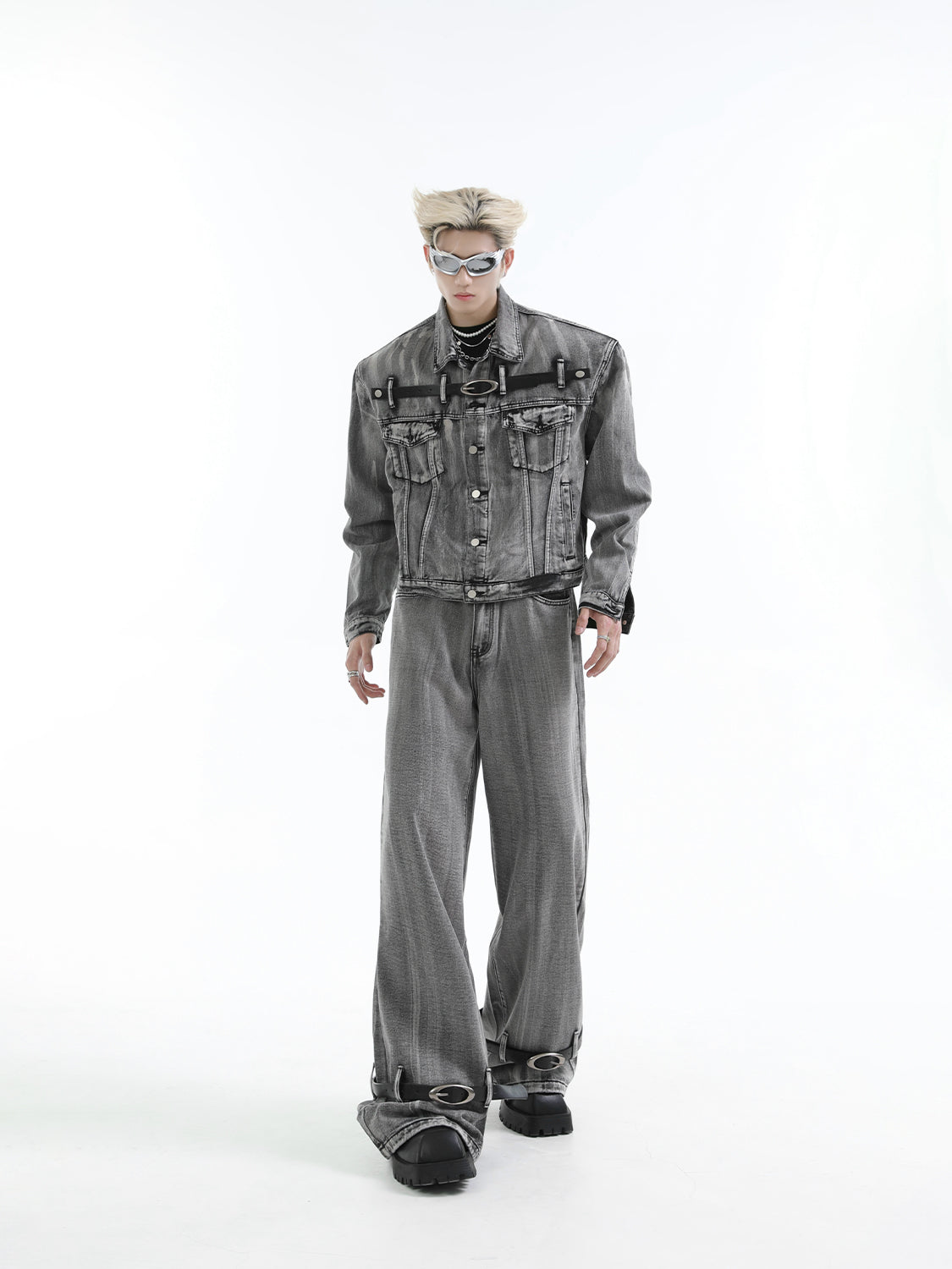 【24s Aug.】Heavy Distressed Belt-decorated Denim Suit-IYAMIUIO