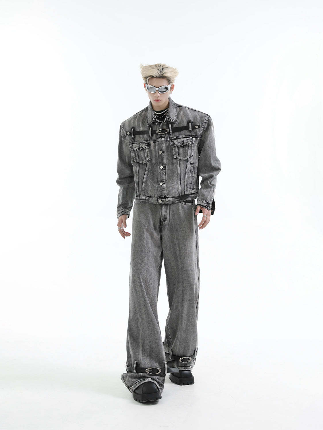 【24s Aug.】Heavy Distressed Belt-decorated Denim Suit-IYAMIUIO