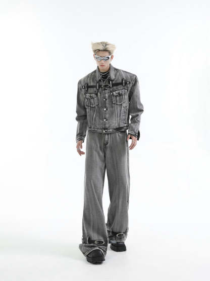 【24s Aug.】Heavy Distressed Belt-decorated Denim Suit-IYAMIUIO