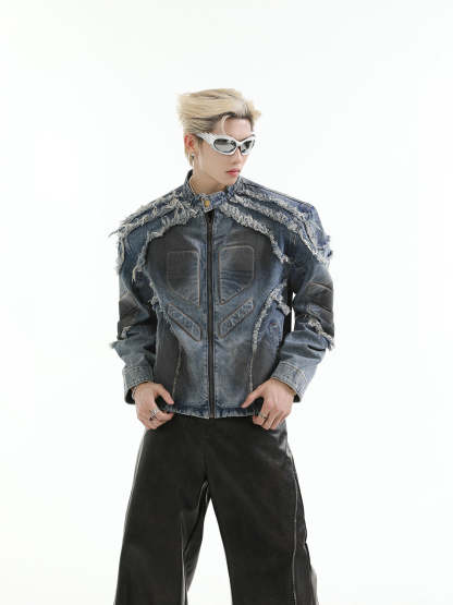 【24s Aug.】Washed Denim Jacket with Shoulder Pads-IYAMIUIO