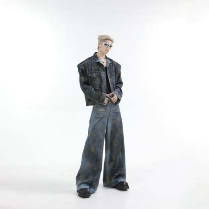 【24s Oct.】Heavy Paint Fashionable Denim Jacket + Jeans-IYAMIUIO