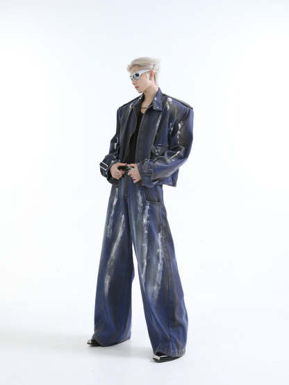 【24s Aug.】Distressed Dirty Dyed Painted Jacket Jeans Shorts Suit-IYAMIUIO