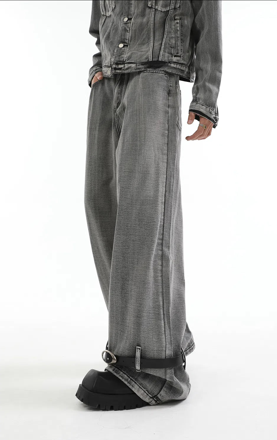 【24s Aug.】Heavy Distressed Belt-decorated Denim Suit-IYAMIUIO