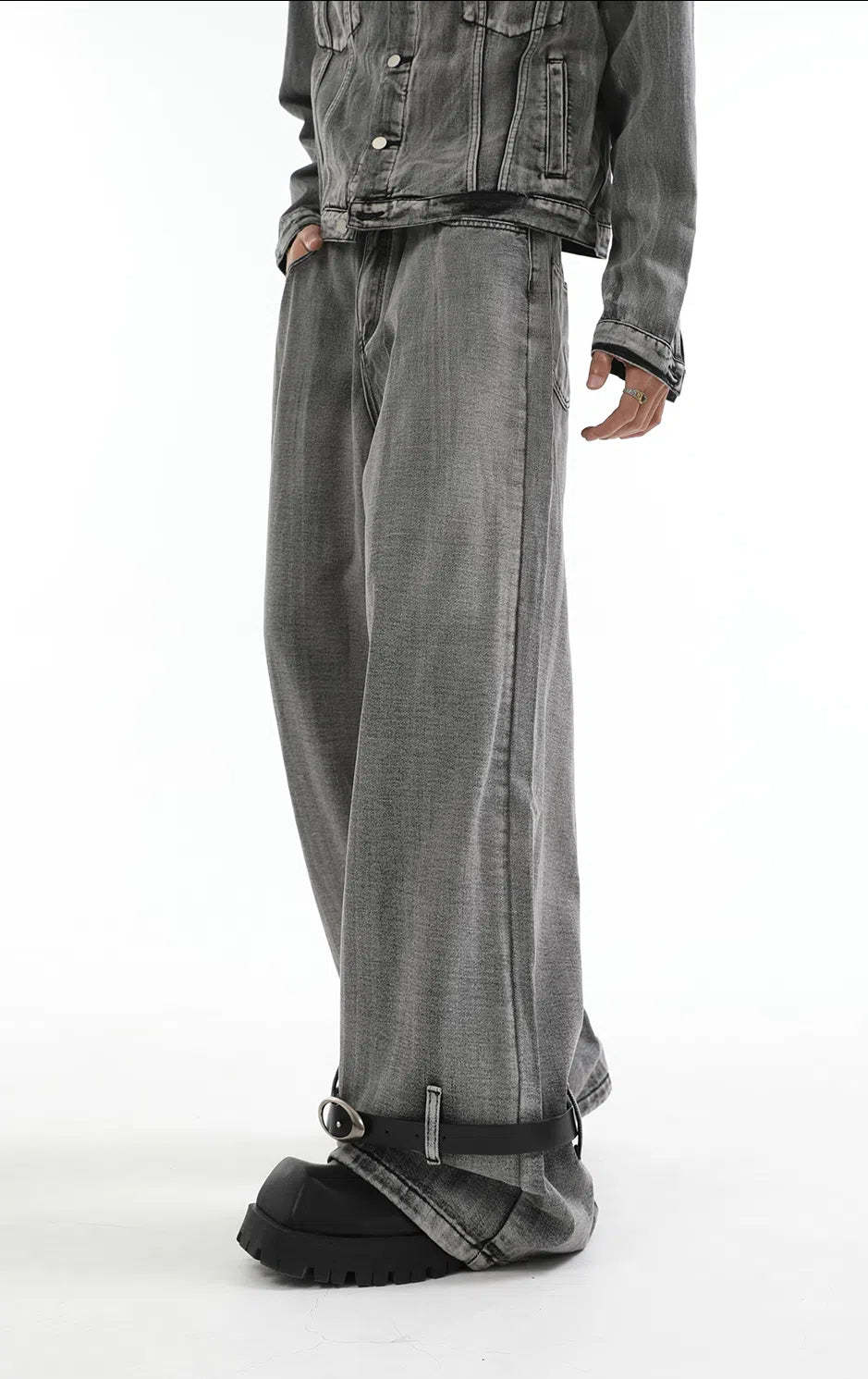 【24s Aug.】Heavy Distressed Belt-decorated Denim Suit-IYAMIUIO