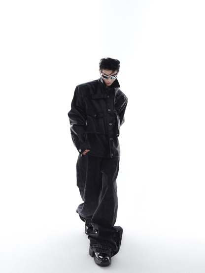 【23s Feb.】Large Pocket High Shoulder Leather Jacket-IYAMIUIO