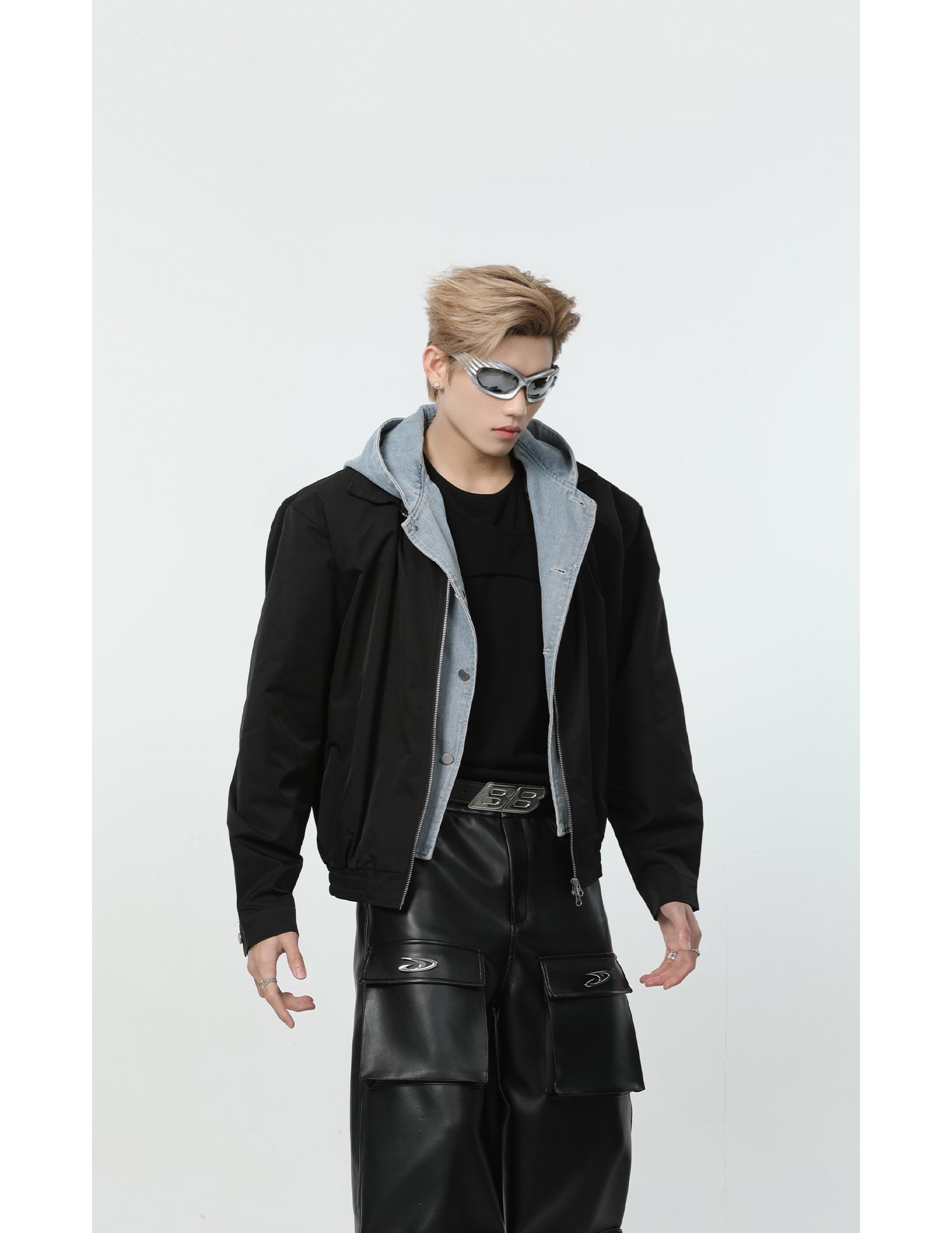 【24s March.】Denim Patchwork Fake Two Piece Hooded Jacket-IYAMIUIO