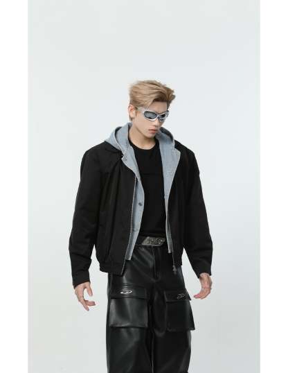 【24s March.】Denim Patchwork Fake Two Piece Hooded Jacket-IYAMIUIO