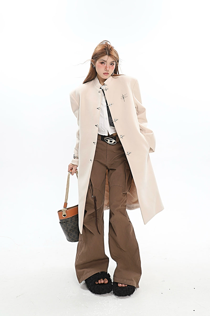 【23s December.】Long Woolen Coat with Metal Buckles-IYAMIUIO