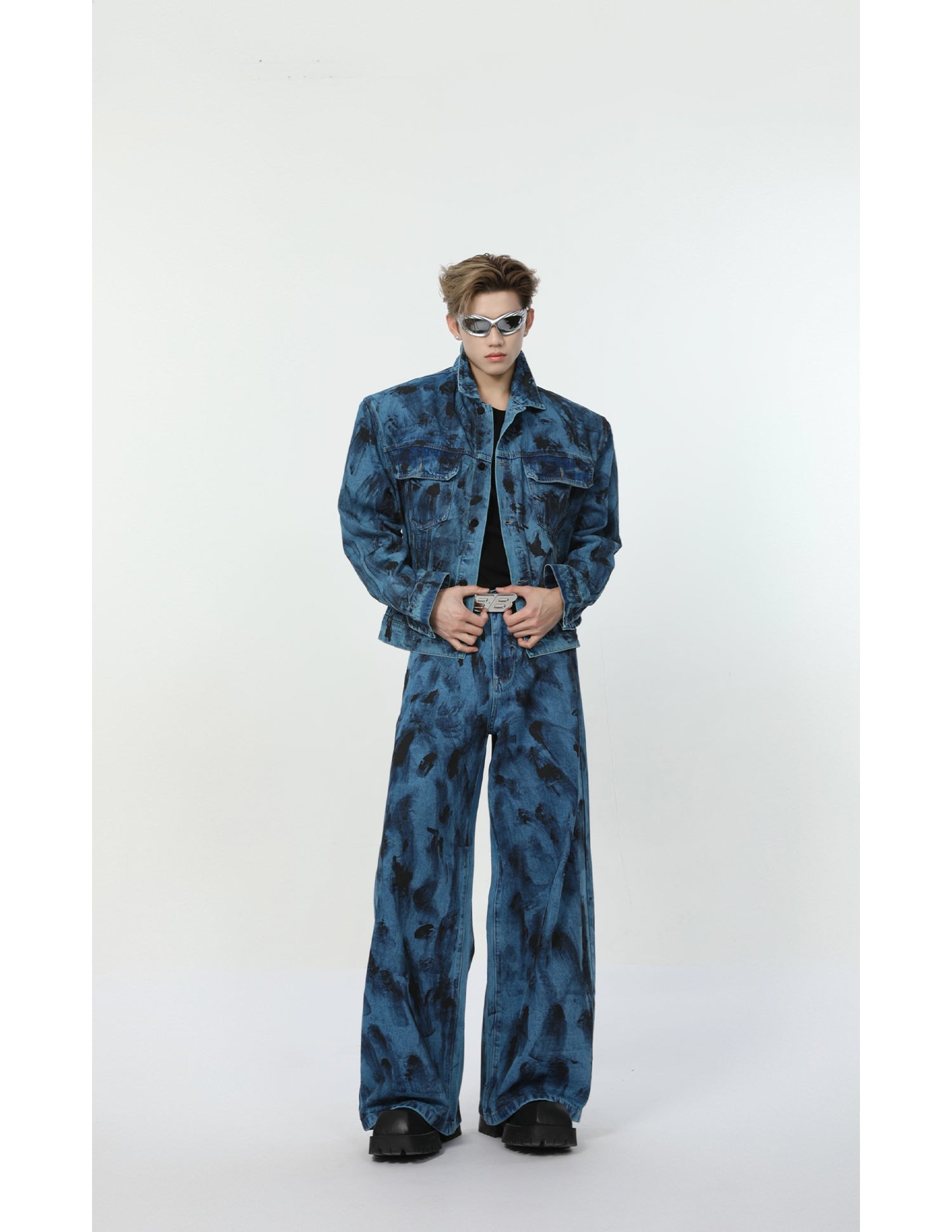 【24s Aug.】Spotted Shoulder Pad Loose Straight Denim Set-IYAMIUIO
