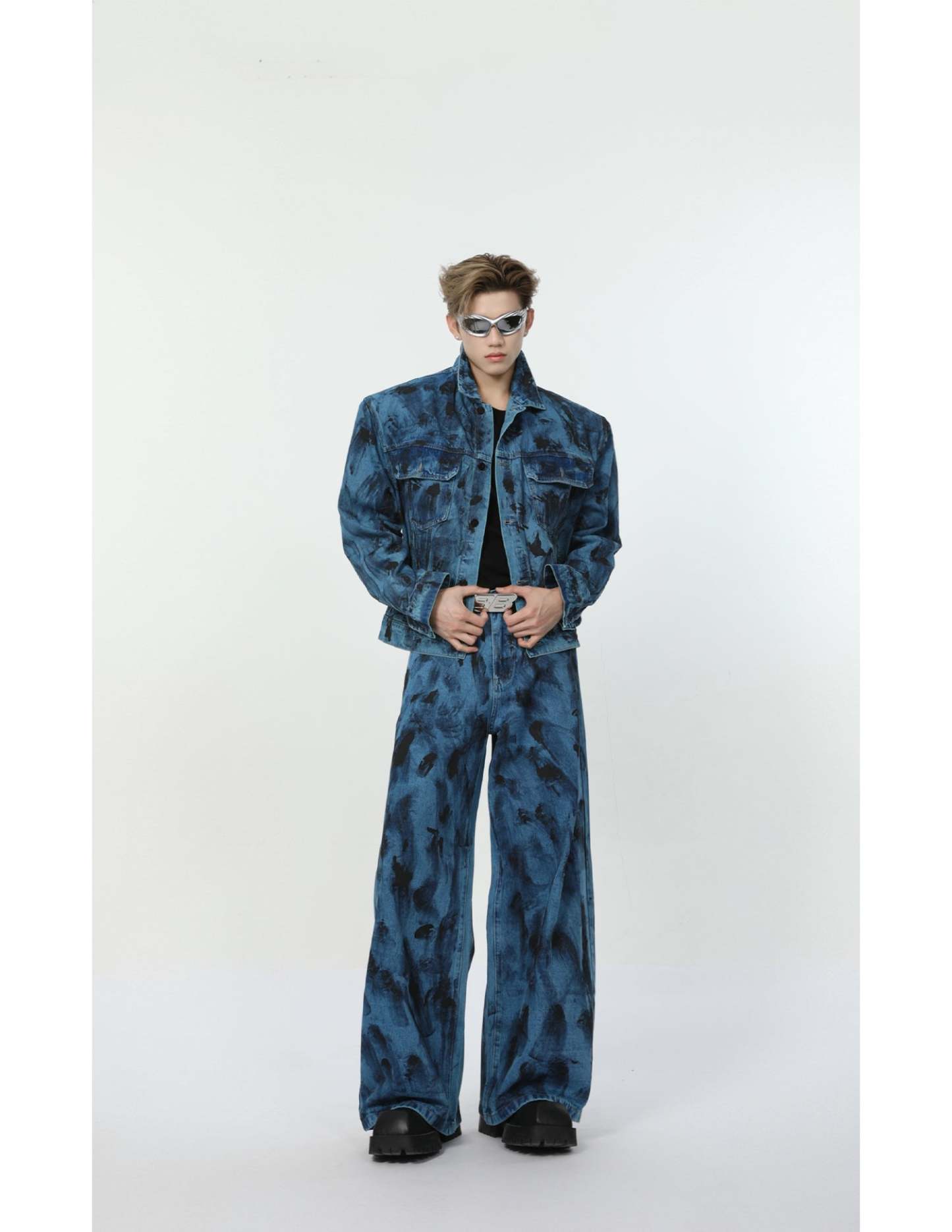【24s Aug.】Spotted Shoulder Pad Loose Straight Denim Set-IYAMIUIO