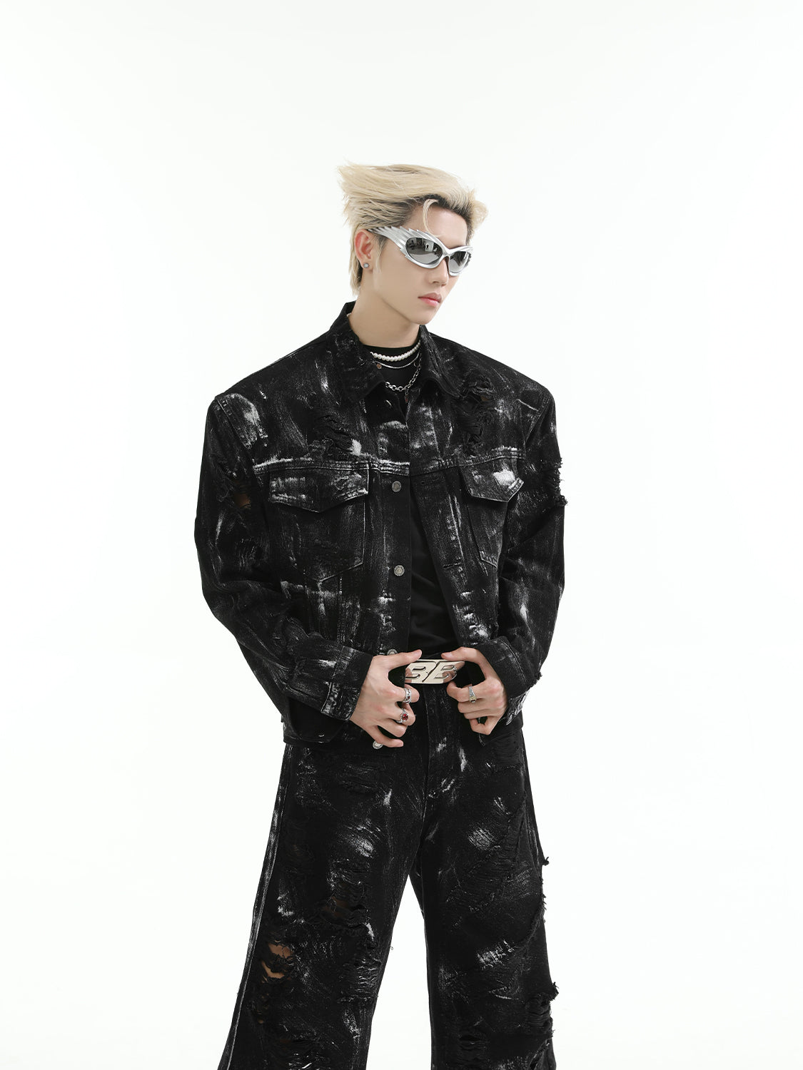【24s Aug.】 Ink Splash Deconstructed Ripped Denim Suit-IYAMIUIO