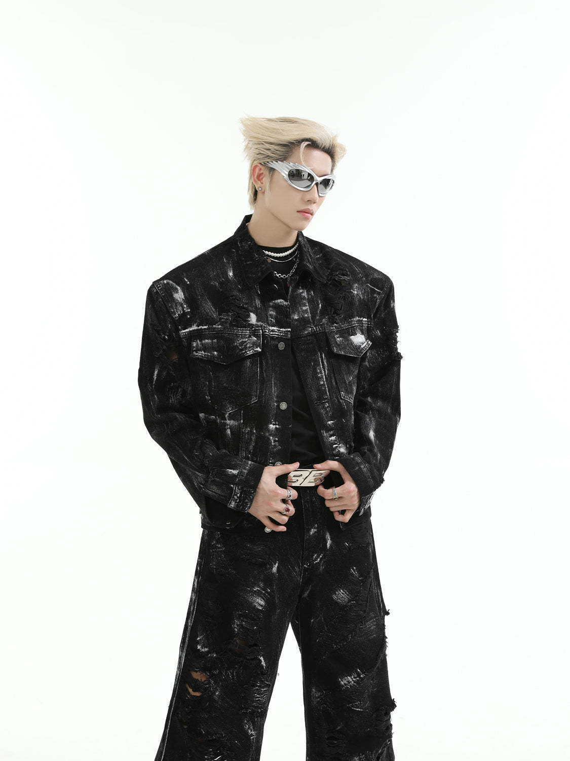 【24s Aug.】 Ink Splash Deconstructed Ripped Denim Suit-IYAMIUIO