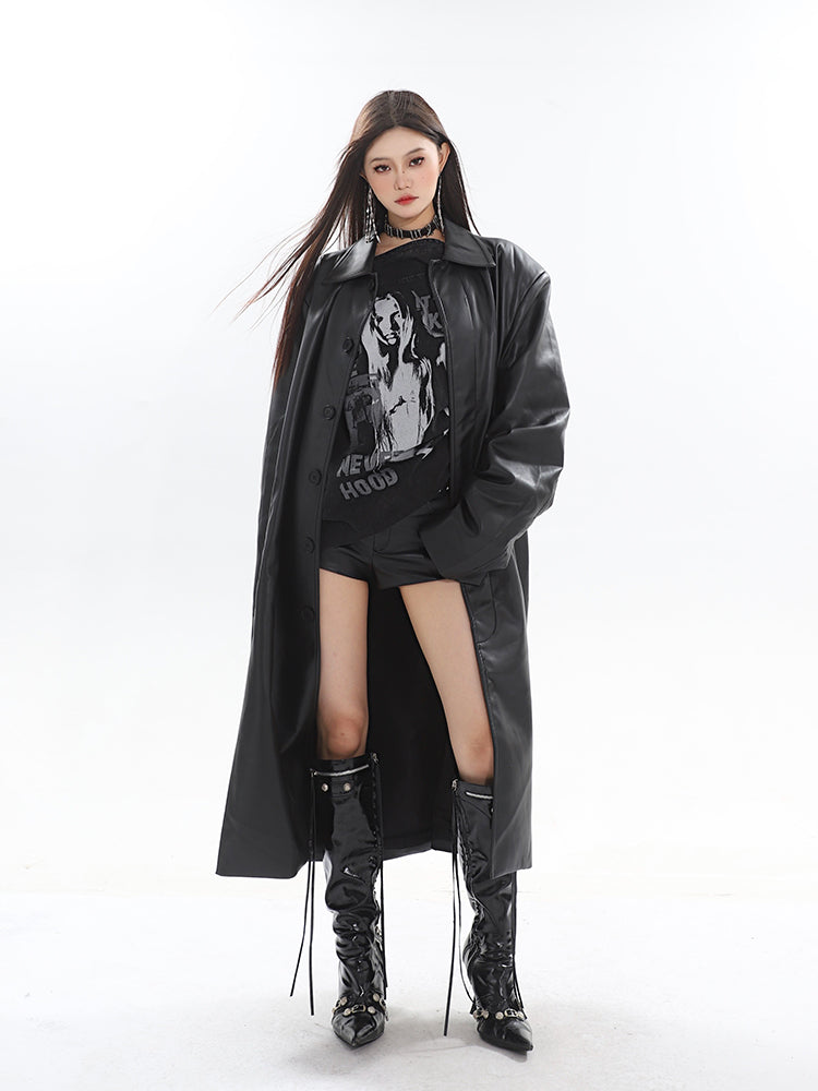 【23s October.】Long PU Leather Windbreaker Jacket-IYAMIUIO