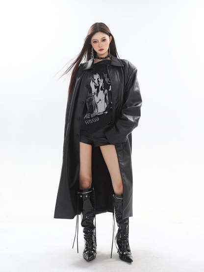 【23s October.】Long PU Leather Windbreaker Jacket-IYAMIUIO