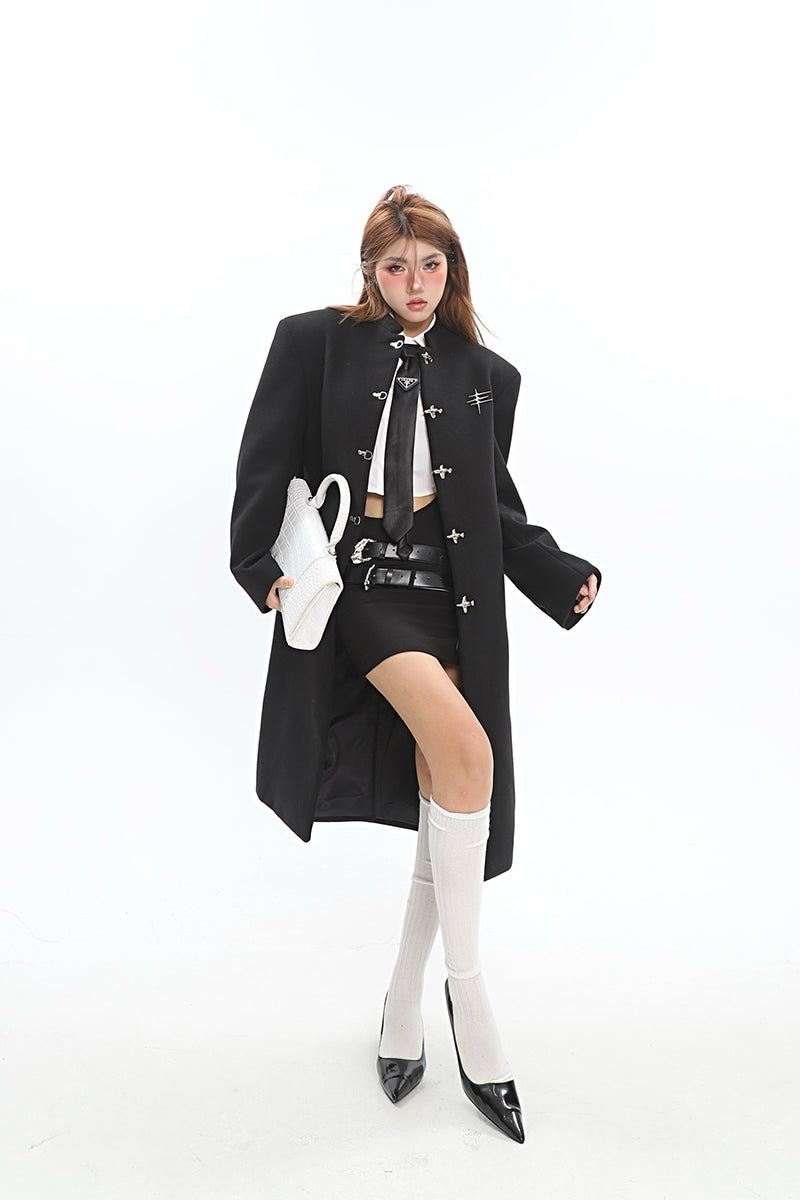 【23s December.】Long Woolen Coat with Metal Buckles-IYAMIUIO
