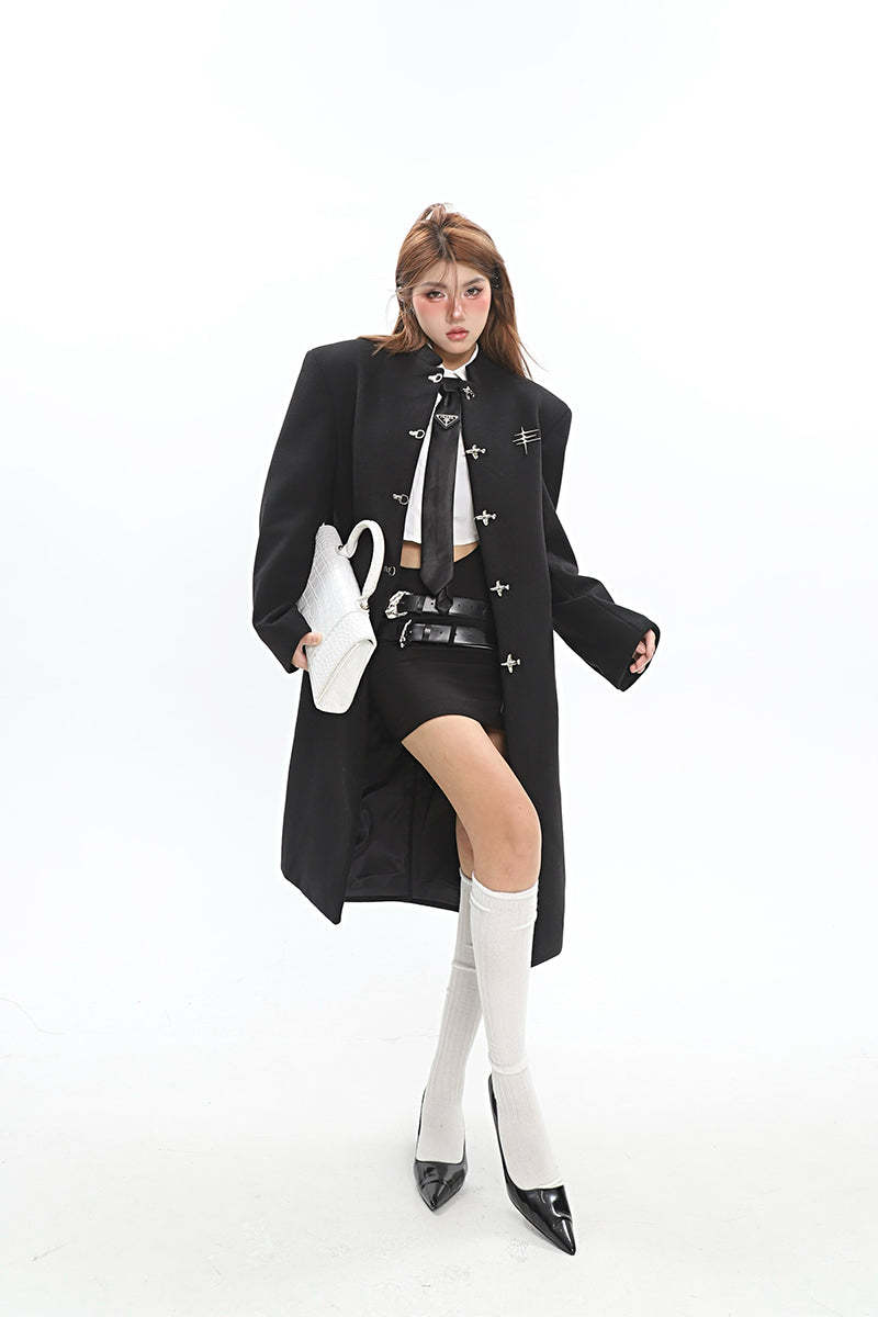 【23s December.】Long Woolen Coat with Metal Buckles-IYAMIUIO