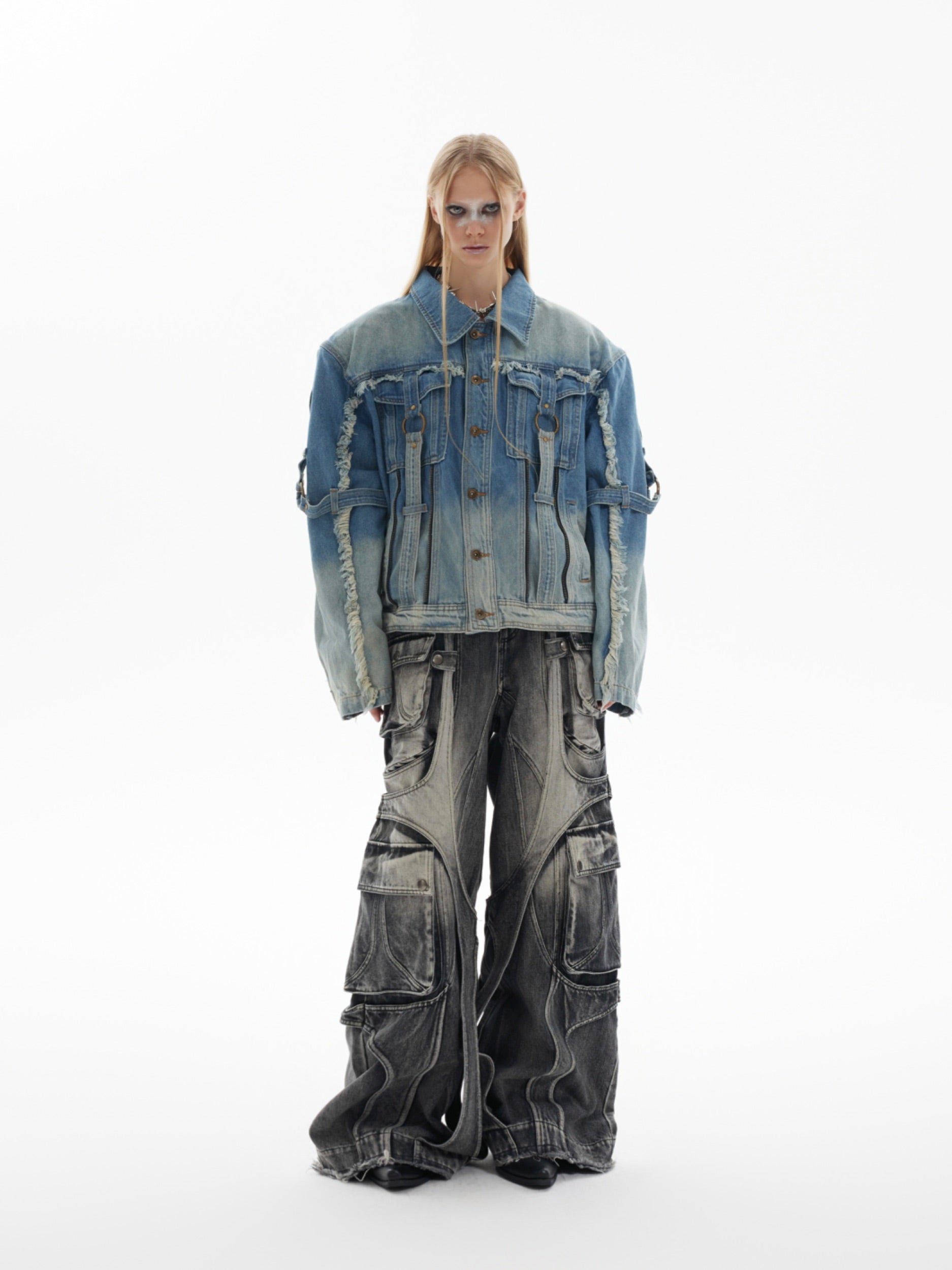【24s Oct.】Distressed Raw Edge Deconstructed Web Denim Jacket-IYAMIUIO