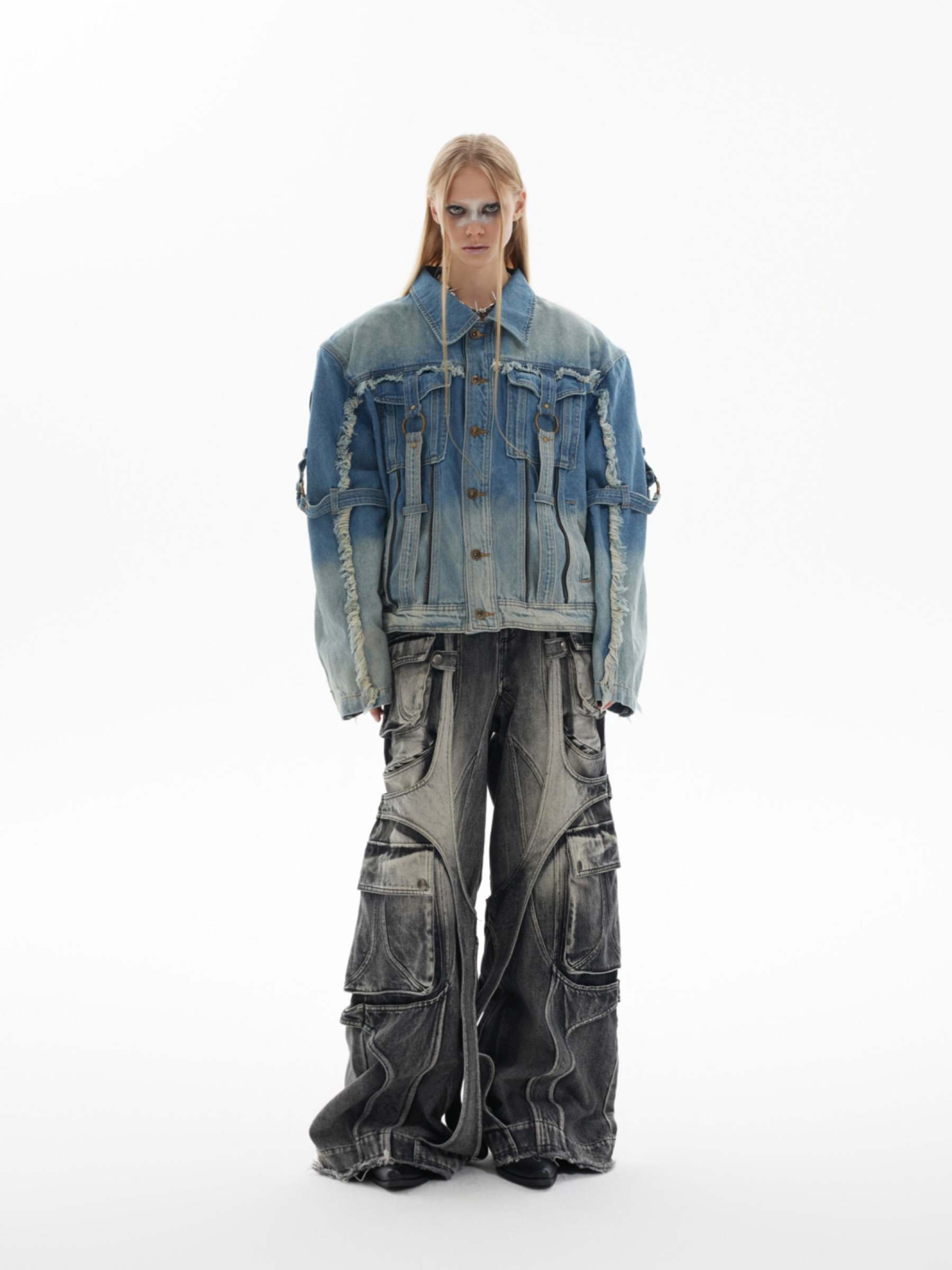 【24s Oct.】Distressed Raw Edge Deconstructed Web Denim Jacket-IYAMIUIO