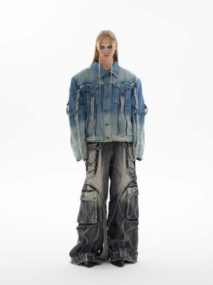 【24s Oct.】Distressed Raw Edge Deconstructed Web Denim Jacket-IYAMIUIO