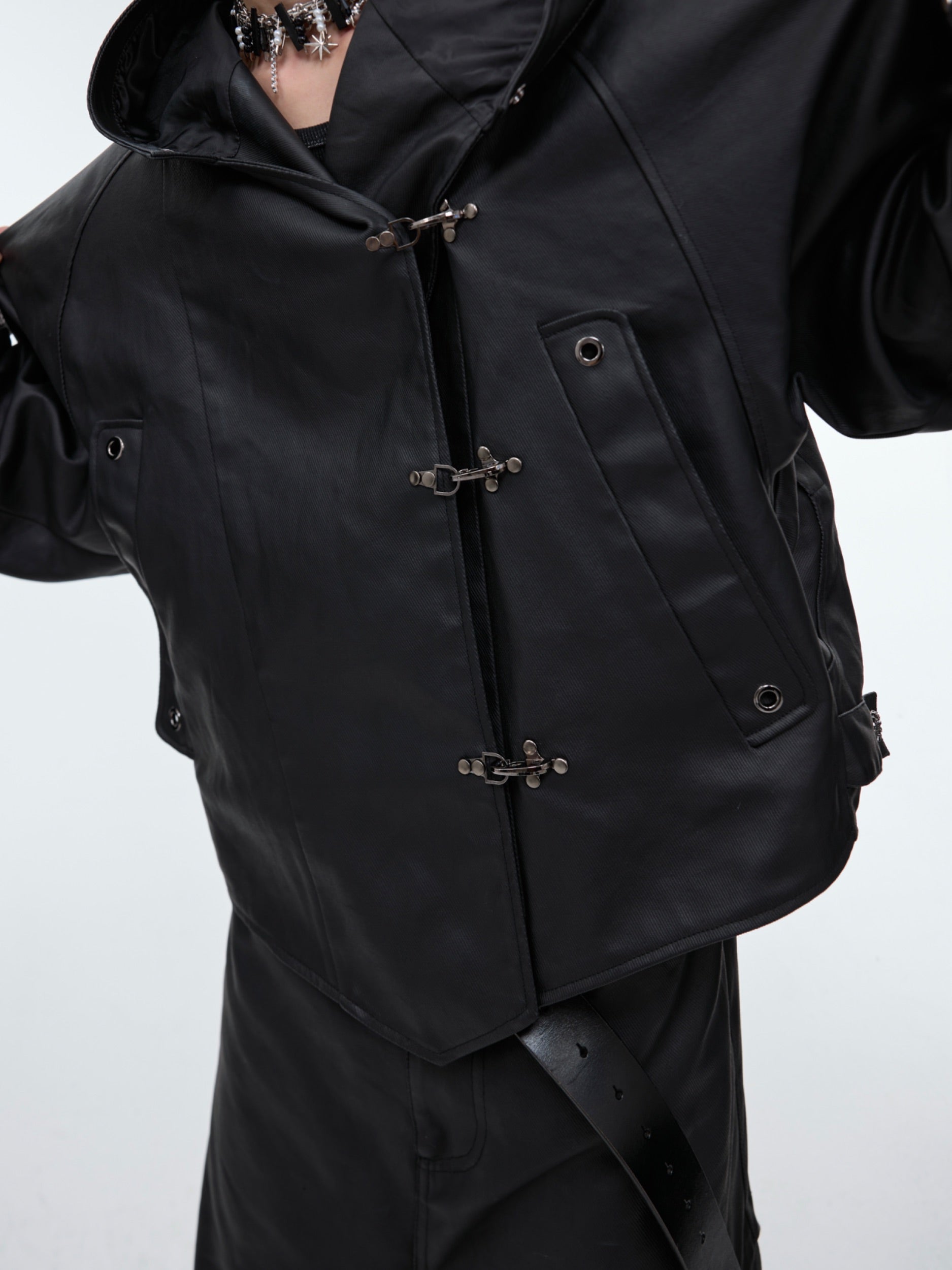 【24s Sep.】Hooded Leather Jacket with Metal Button Detail-IYAMIUIO