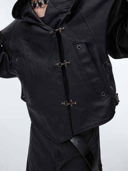 【24s Sep.】Hooded Leather Jacket with Metal Button Detail-IYAMIUIO