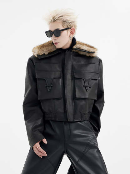 【24s January.】Ultra Short Pocket Leather Biker Fur Collar Jacket-IYAMIUIO