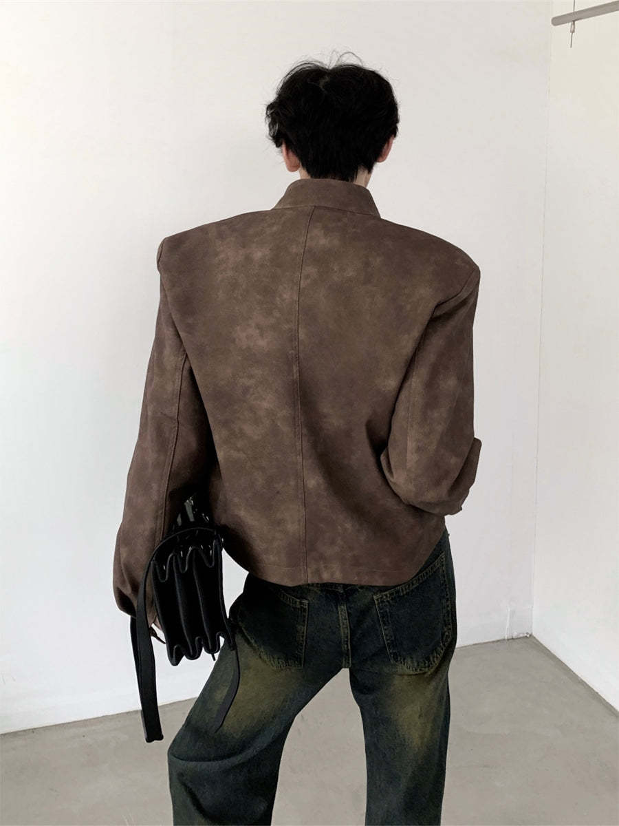 【23s August.】Brown Shoulder Pad Leather Jacket-IYAMIUIO