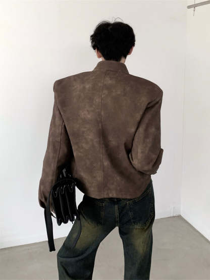 【23s August.】Brown Shoulder Pad Leather Jacket-IYAMIUIO