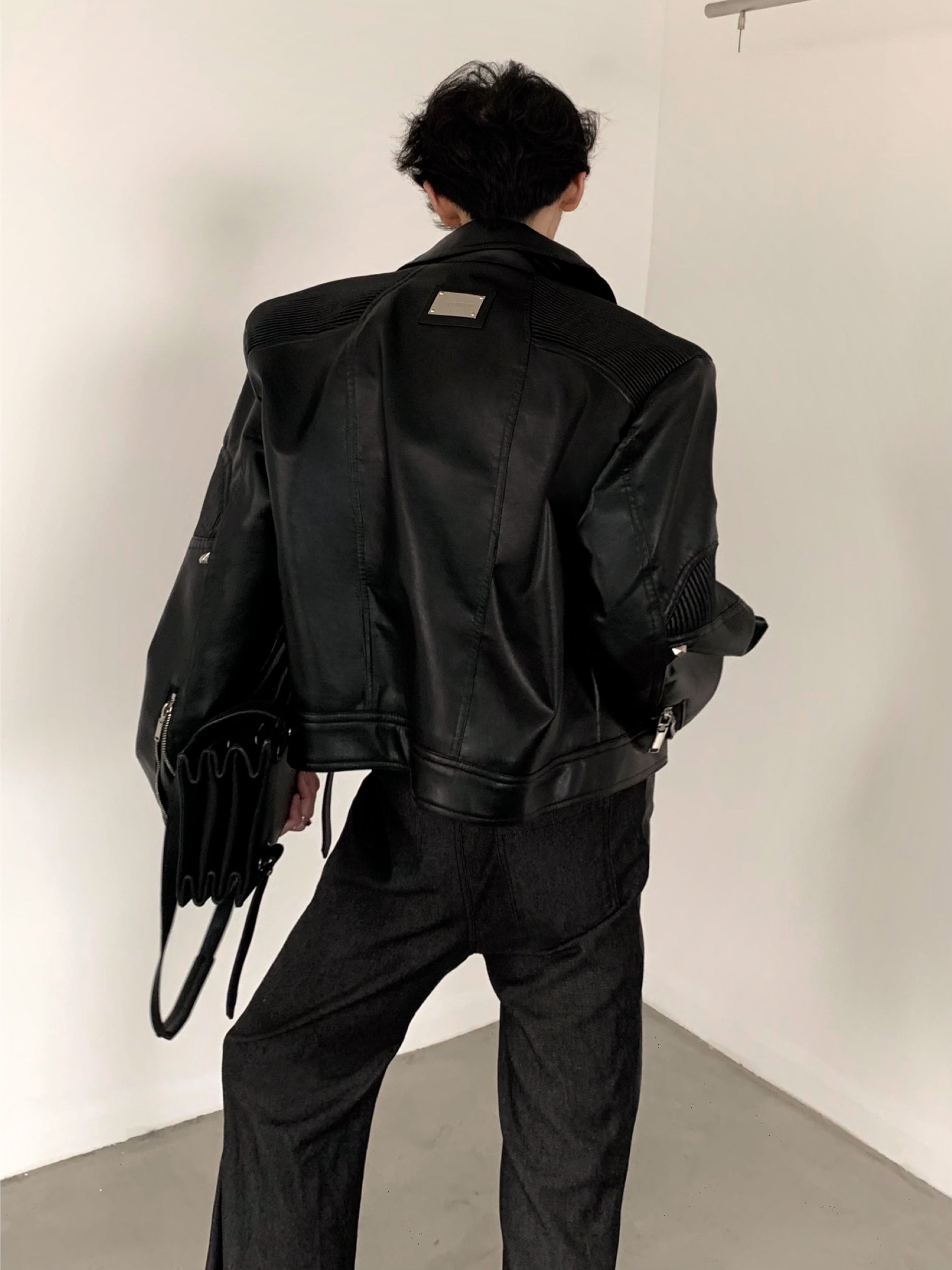 【24s March.】Deconstructed Black Leather Jacket-IYAMIUIO