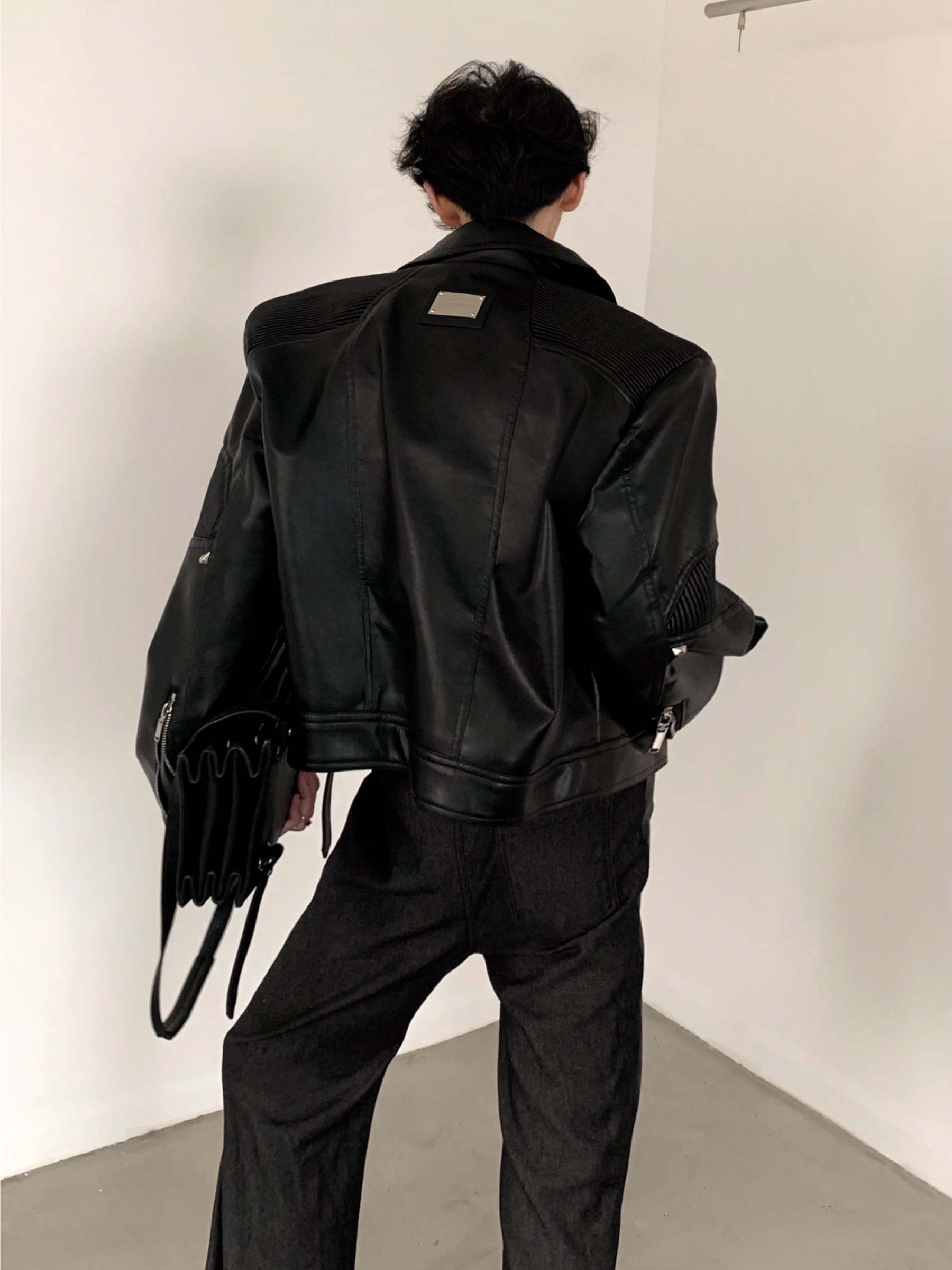 【24s March.】Deconstructed Black Leather Jacket-IYAMIUIO