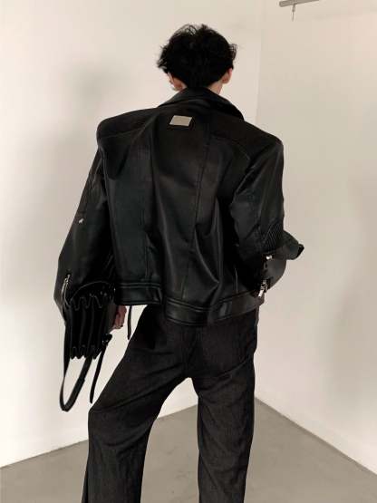 【24s March.】Deconstructed Black Leather Jacket-IYAMIUIO