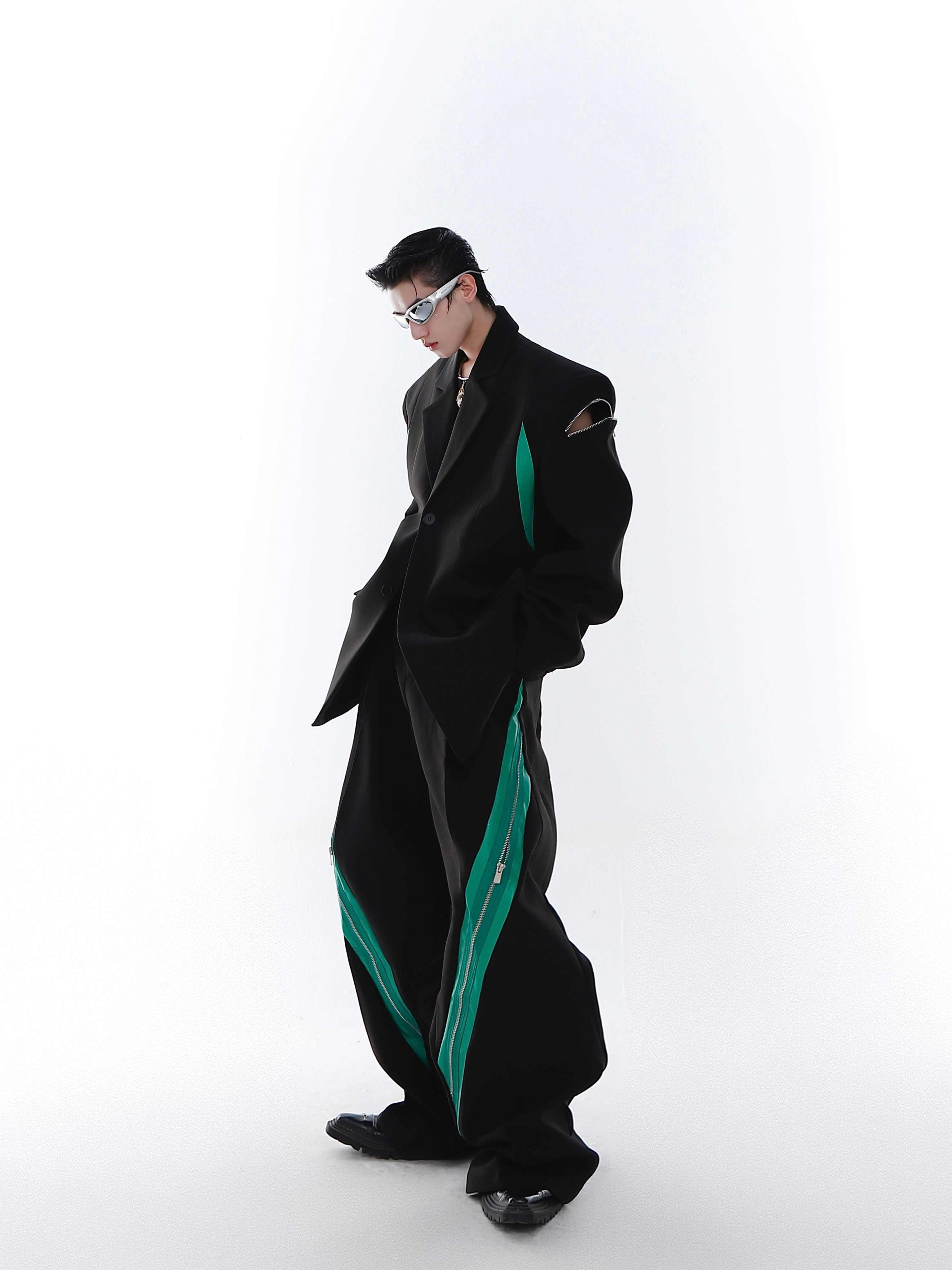 Zipper Contrast Color Stitching Trousers-IYAMIUIO