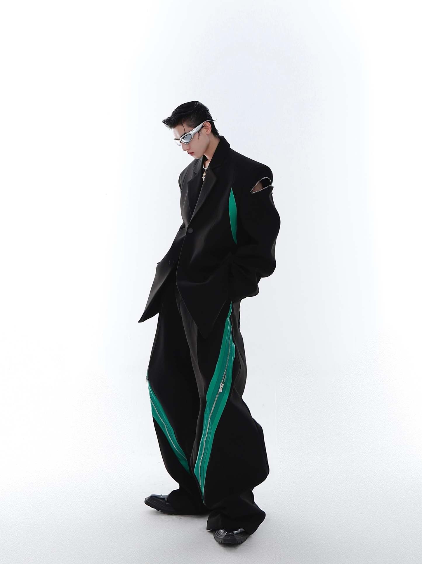 Zipper Contrast Color Stitching Trousers-IYAMIUIO